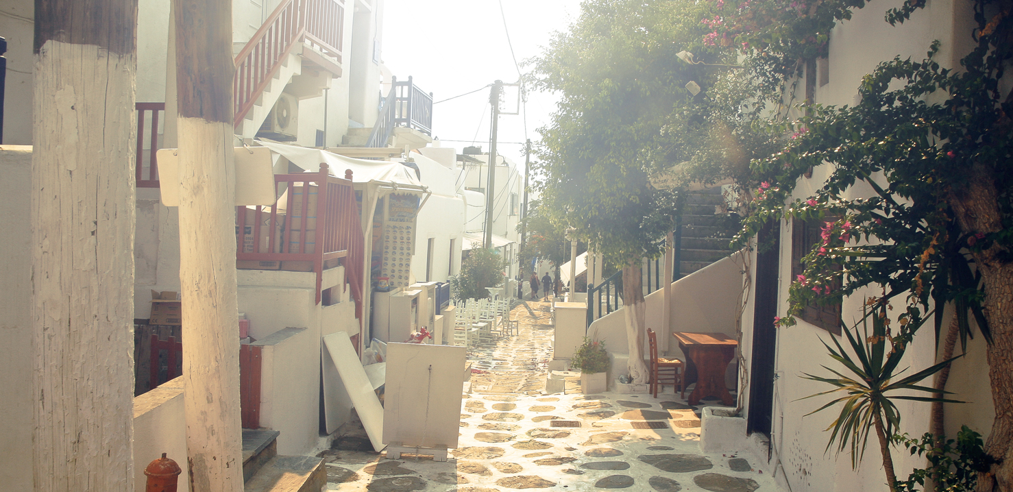 Mykonos street with romantic light